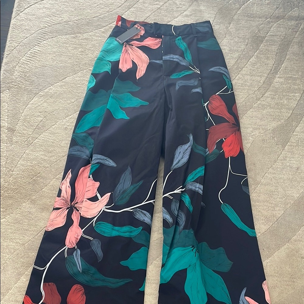 Floral Wide-Leg Pants - Black and Green